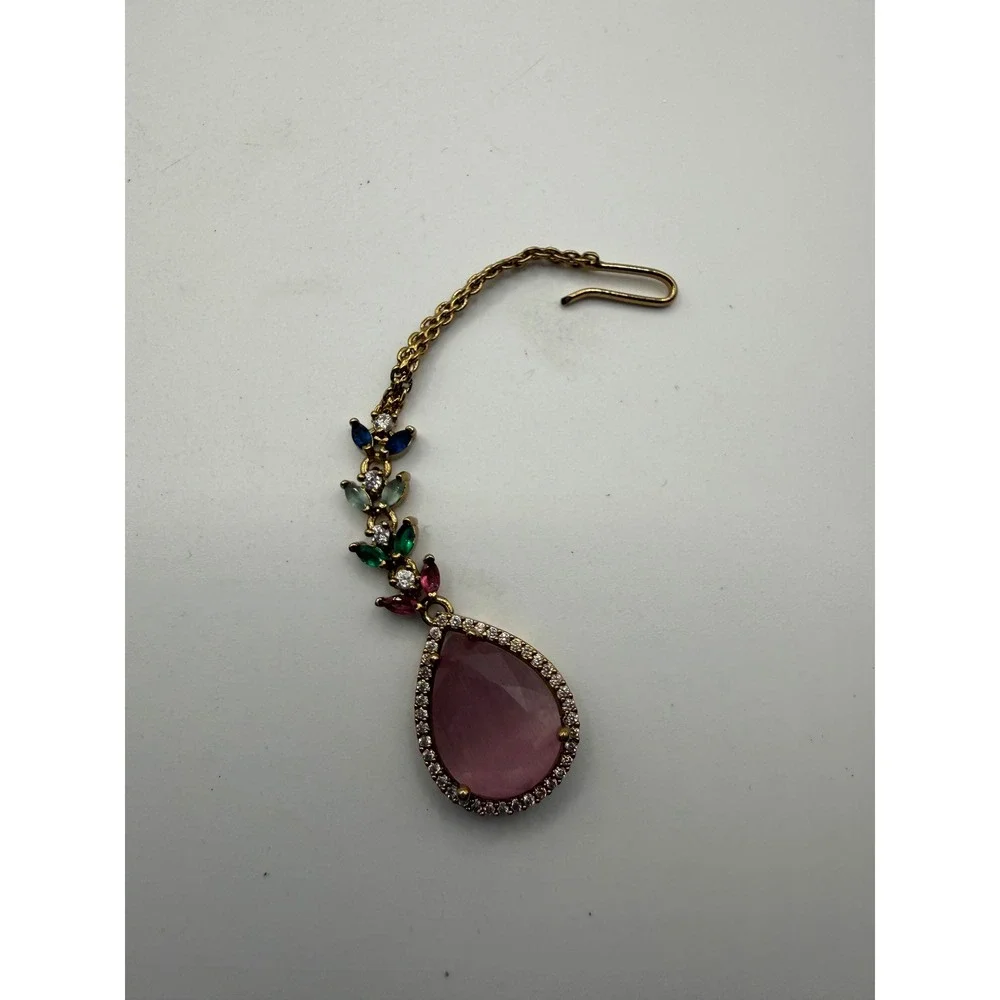 Pink Teardrop Maang Tikka Gold Tone Multi Color‎ Stone Indian Bridal Headpiece